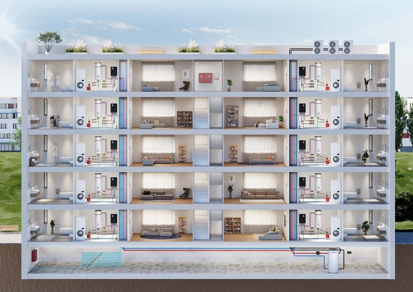 Aplicação típica em condomínio com sala de caldeiras centralizada, equipada com bombas de calor de baixa temperatura e placas booster R589HPW com booster HPWB no interior dos apartamentos.